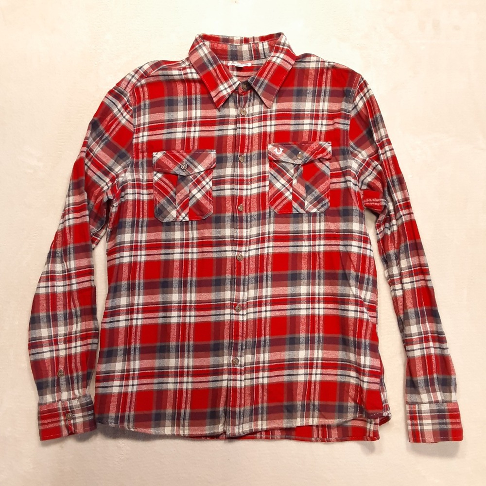 True Religion Mens LS Button Flannel Shirt Sz.XL/Red Plaid Flap Pockets